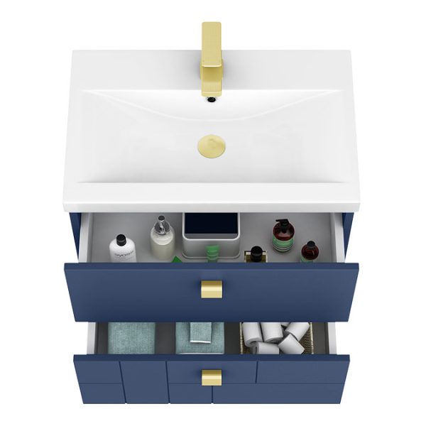Venice Abstract 600mm Blue Vanity Unit   Wall Hung 2 Drawer Unit with Brushed Brass Square Drop Handles - Image 2