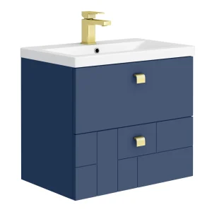 Venice Abstract 600mm Blue Vanity Unit   Wall Hung 2 Drawer Unit with Brushed Brass Square Drop Handles