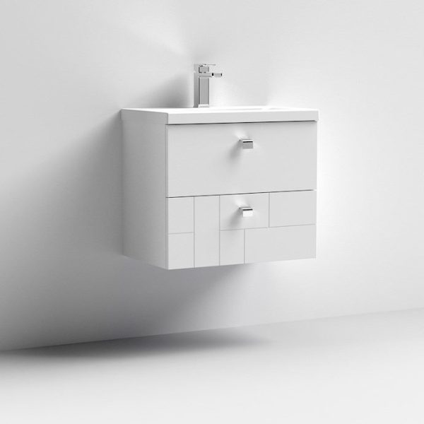 Venice Abstract 600mm White Vanity Unit   Wall Hung 2 Drawer Unit with Chrome Square Drop Handles - Image 5