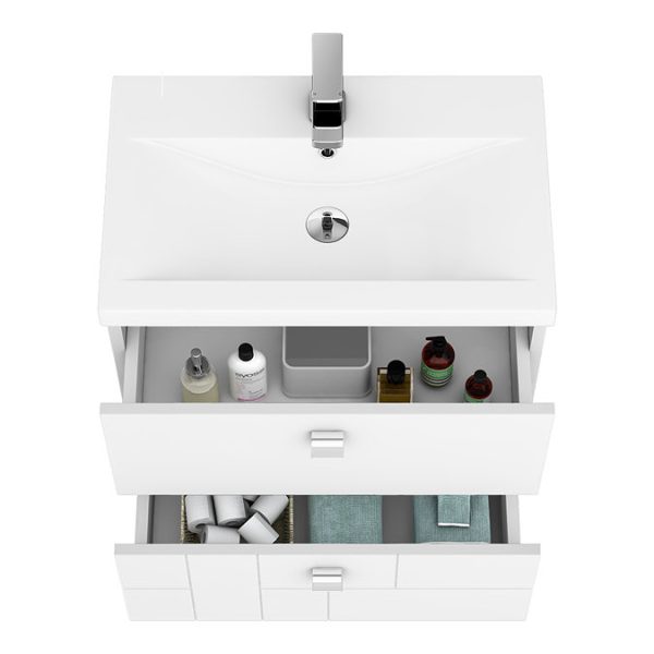 Venice Abstract 600mm White Vanity Unit   Wall Hung 2 Drawer Unit with Chrome Square Drop Handles - Image 2
