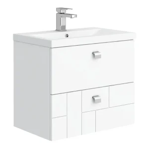 Venice Abstract 600mm White Vanity Unit   Wall Hung 2 Drawer Unit with Chrome Square Drop Handles