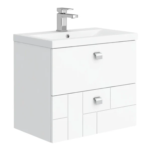 Venice Abstract 600mm White Vanity Unit   Wall Hung 2 Drawer Unit with Chrome Square Drop Handles