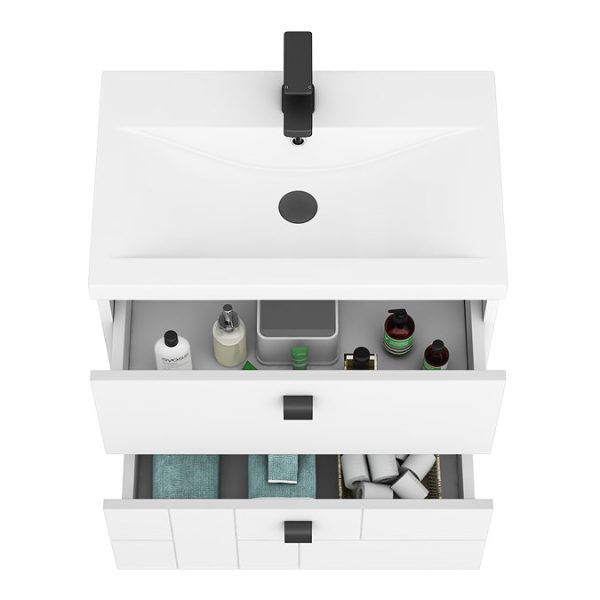 Venice Abstract 600mm White Vanity Unit   Wall Hung 2 Drawer Unit with Matt Black Square Drop Handles - Image 2