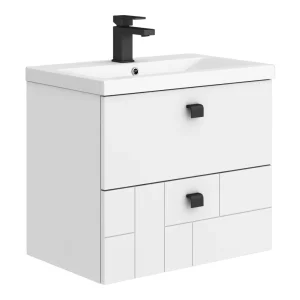 Venice Abstract 600mm White Vanity Unit   Wall Hung 2 Drawer Unit with Matt Black Square Drop Handles