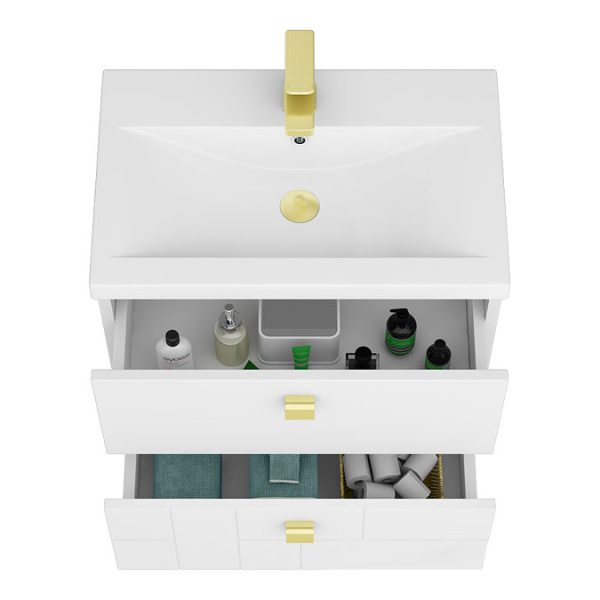 Venice Abstract 600mm White Vanity Unit   Wall Hung with Brushed Brass Handles - Image 2