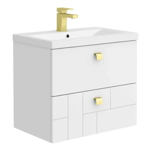 Venice Abstract 600mm White Vanity Unit   Wall Hung with Brushed Brass Handles