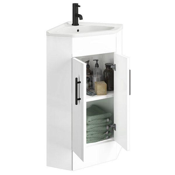 Venice Corner Vanity Unit   Gloss White   590mm with Black Handles - Image 2