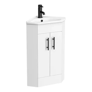 Venice Corner Vanity Unit   Gloss White   590mm with Black Handles