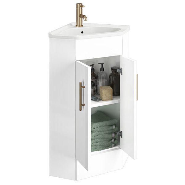 Venice Corner Vanity Unit   Gloss White   590mm with Brushed Brass Handles - Image 2