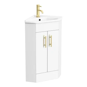 Venice Corner Vanity Unit   Gloss White   590mm with Brushed Brass Handles