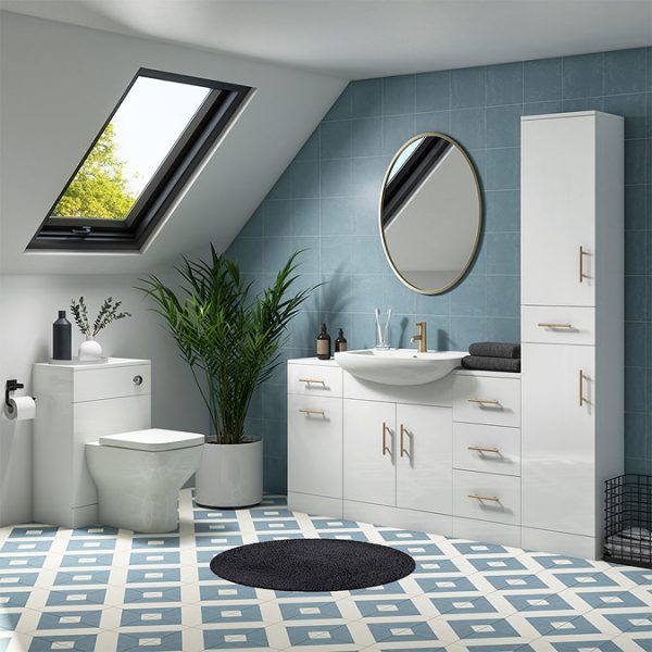 Venice 665 Gloss White Vanity with Brushed Brass Handles (Unit Depth 300mm) - Image 2