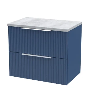 Venice Fluted 600mm Blue Vanity Unit   Wall Hung 2 Drawer Unit with Grey Worktop & Chrome Handles