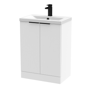 Venice Fluted 600mm White Vanity Unit   Floor Standing 2 Door Unit with Matt Black Handles