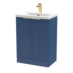 Venice Fluted 600mm Blue Vanity Unit   Floor Standing 2 Door Unit with Brushed Brass Handles
