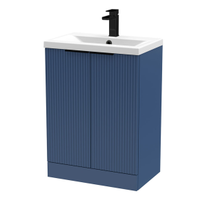 Venice Fluted 600mm Blue Vanity Unit   Floor Standing 2 Door Unit with Matt Black Handles