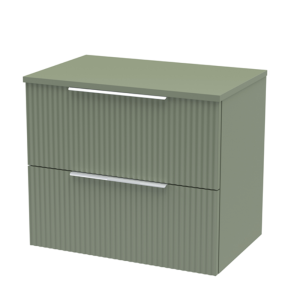 Venice Fluted 600mm Green Vanity Unit   Wall Hung 2 Drawer Unit with Worktop & Chrome Handles