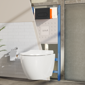 VitrA Evi Round Rimless Toilet with Soft Close Seat + Concealed WC Dual Flush Cistern with Wall Hung Frame (Matt Black Flush Plate)
