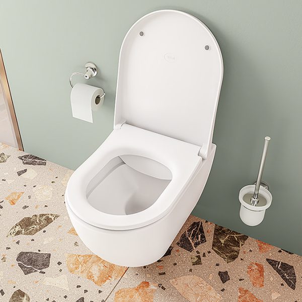 VitrA Evi Round Rimless Toilet with Soft Close Seat + Concealed WC Dual Flush Cistern with Wall Hung Frame (Matt Black Flush Plate) - Image 5