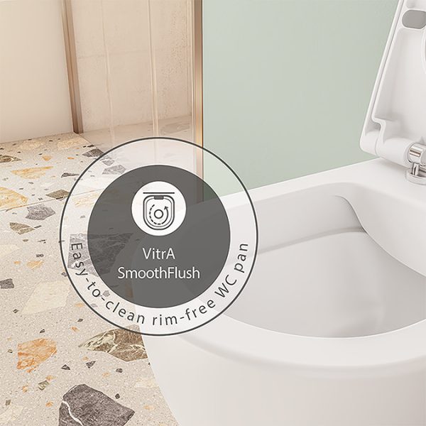 VitrA Evi Round Rimless Toilet with Soft Close Seat + Concealed WC Dual Flush Cistern with Wall Hung Frame (Matt Black Flush Plate) - Image 8