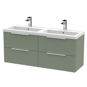 Venice Fluted 1205mm Green Vanity Unit   Wall Hung 4 Drawer Double Basin with Chrome Handles