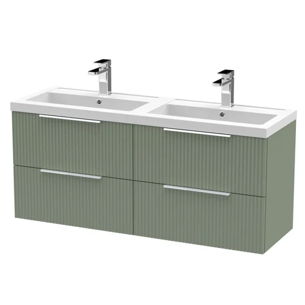 Venice Fluted 1205mm Green Vanity Unit   Wall Hung 4 Drawer Double Basin with Chrome Handles
