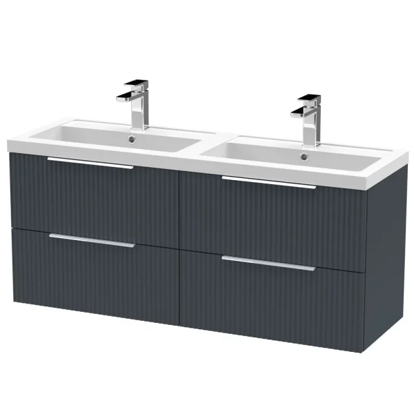 Venice Fluted 1205mm Anthracite Vanity Unit   Wall Hung 4 Drawer Double Basin with Chrome Handles