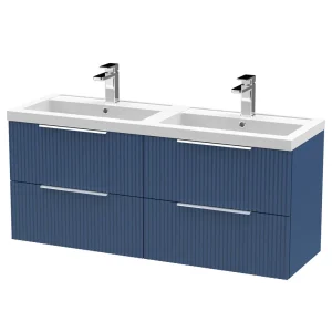 Venice Fluted 1205mm Blue Vanity Unit   Wall Hung 4 Drawer Double Basin with Chrome Handles