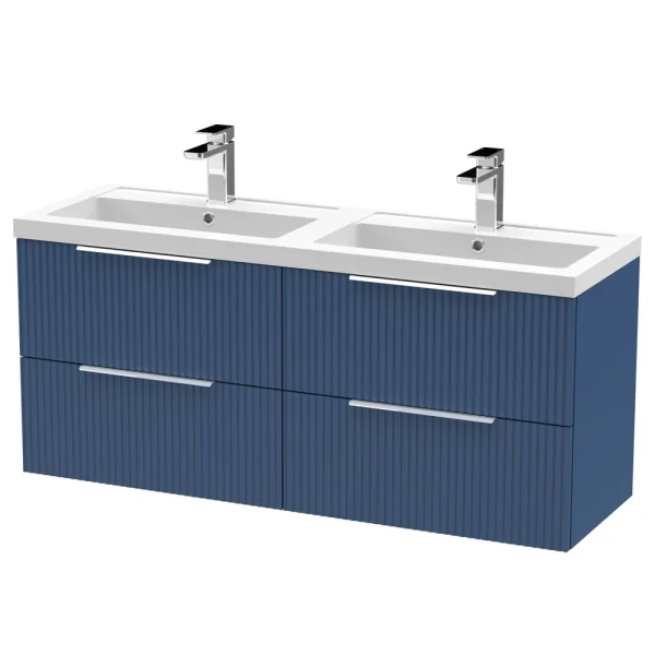 Venice Fluted 1205mm Blue Vanity Unit   Wall Hung 4 Drawer Double Basin with Chrome Handles