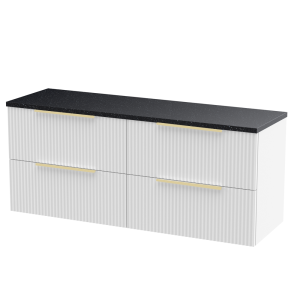 Venice Fluted 1205mm White Vanity Unit   Wall Hung 4 Drawer Unit with Sparkling Black Worktop & Brushed Brass Handles