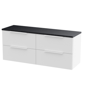 Venice Fluted 1205mm White Wall Hung Vanity Unit   4 Drawers, Sparkling Black Worktop & Chrome Handles