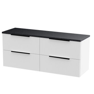 Venice Fluted 1205mm White Wall Hung Vanity Unit   4 Drawers, Sparkling Black Worktop & Matt Black Handles