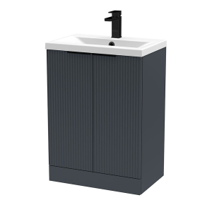 Venice Fluted 600mm Anthracite Vanity Unit   Floor Standing 2 Door Unit with Matt Black Handles
