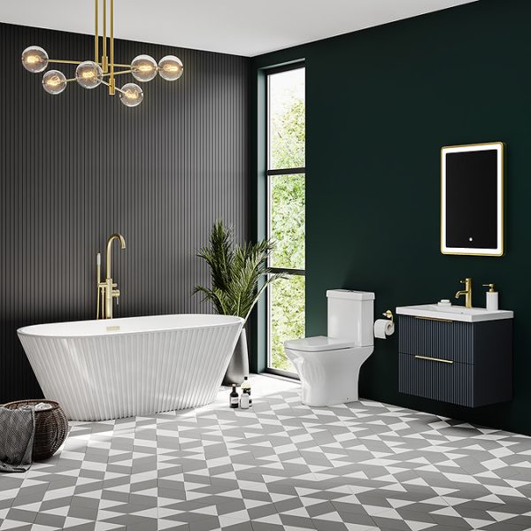 Venice Fluted 600mm Anthracite Vanity Unit   Wall Hung 2 Drawer Unit with Brushed Brass Handles - Image 2