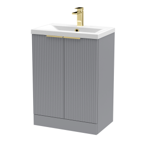 Venice Fluted 600mm Grey Vanity Unit   Floor Standing 2 Door Unit with Brushed Brass Handles