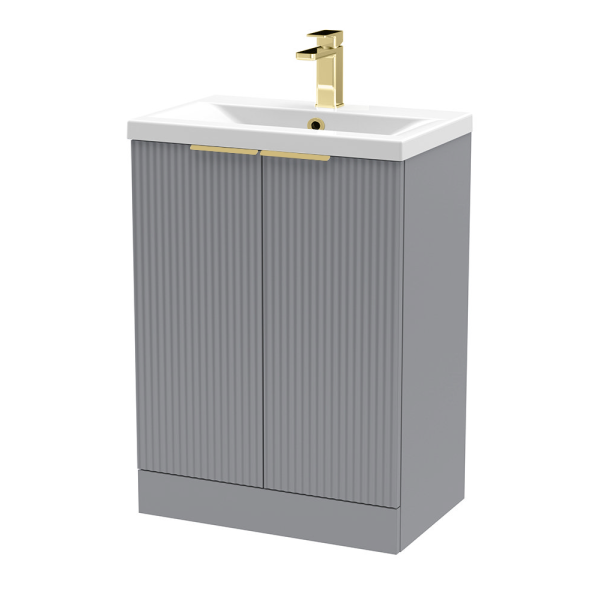 Venice Fluted 600mm Grey Vanity Unit   Floor Standing 2 Door Unit with Brushed Brass Handles