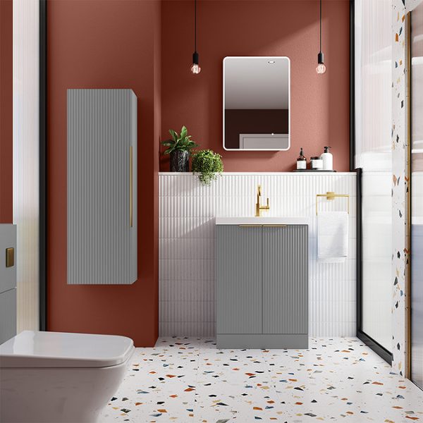 Venice Fluted 600mm Grey Vanity Unit   Floor Standing 2 Door Unit with Brushed Brass Handles - Image 2