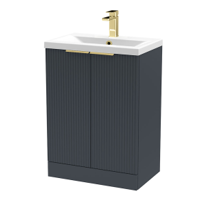 Venice Fluted 600mm Anthracite Vanity Unit   Floor Standing 2 Door Unit with Brushed Brass Handles