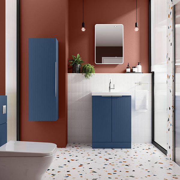 Venice Fluted 600mm Blue Vanity Unit   Floor Standing 2 Door Unit with Chrome Handles - Image 2