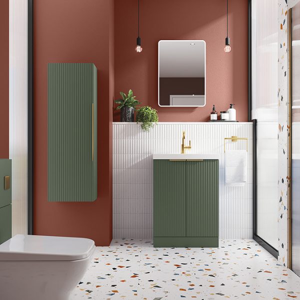 Venice Fluted 500mm Green Vanity Unit   Floor Standing 2 Door Unit with Brushed Brass Handles - Image 2