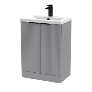 Venice Fluted 600mm Grey Vanity Unit   Floor Standing 2 Door Unit with Matt Black Handles