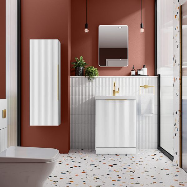 Venice Fluted 600mm White Vanity Unit   Floor Standing 2 Door Unit with Brushed Brass Handles - Image 2