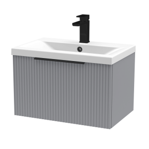 Venice Fluted 600mm Grey Vanity Unit   Wall Hung Single Drawer Unit with Matt Black Handle