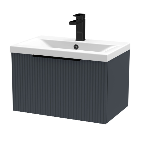 Venice Fluted 600mm Anthracite Vanity Unit   Wall Hung Single Drawer Unit with Matt Black Handle
