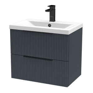 Venice Fluted 600mm Anthracite Vanity Unit   Wall Hung 2 Drawer Unit with Matt Black Handles