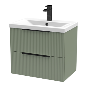 Venice Fluted 600mm Green Vanity Unit   Wall Hung 2 Drawer Unit with Matt Black Handles