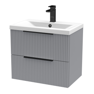 Venice Fluted 600mm Grey Vanity Unit   Wall Hung 2 Drawer Unit with Matt Black Handles