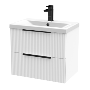 Venice Fluted 600mm White Vanity Unit   Wall Hung 2 Drawer Unit with Matt Black Handles