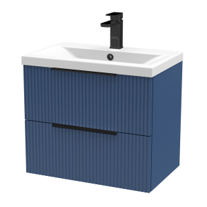 Venice Fluted 600mm Blue Vanity Unit   Wall Hung 2 Drawer Unit with Matt Black Handles