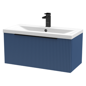 Venice Fluted 800mm Blue Vanity Unit   Wall Hung Single Drawer Unit with Matt Black Handle