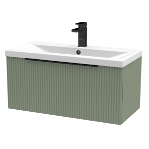Venice Fluted 800mm Green Vanity Unit   Wall Hung Single Drawer Unit with Matt Black Handle